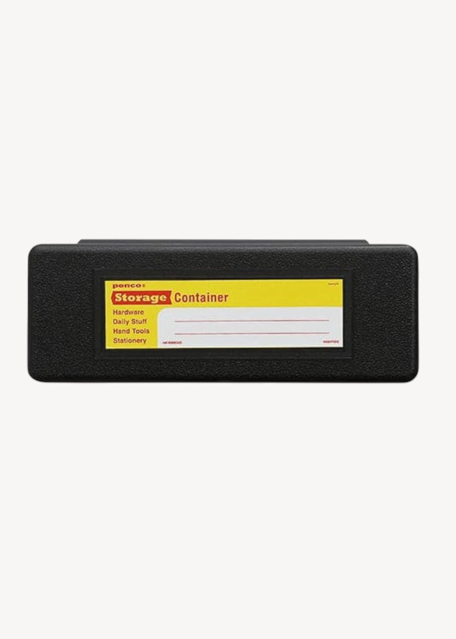 Black storage container with a yellow label on a white background