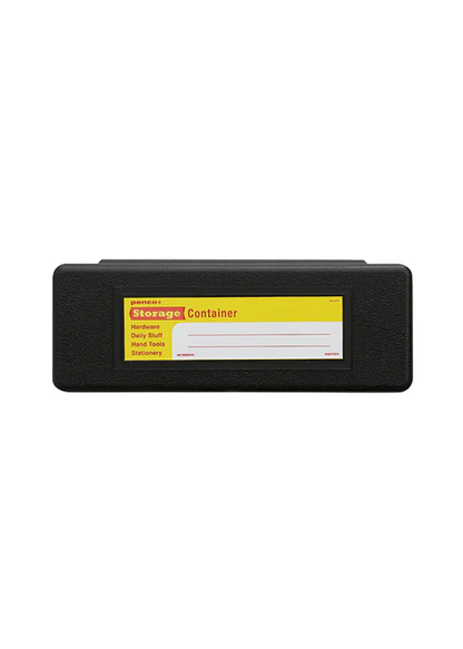 Black plastic pen case with a yellow label on a white background