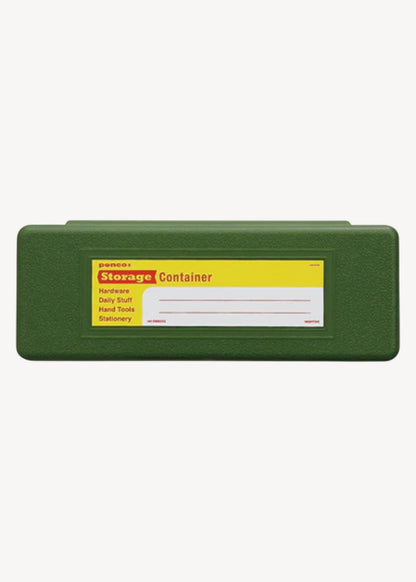 Green storage container with a label on a white background