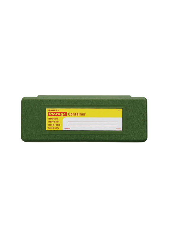 Green plastic pen case with a yellow label on a white background