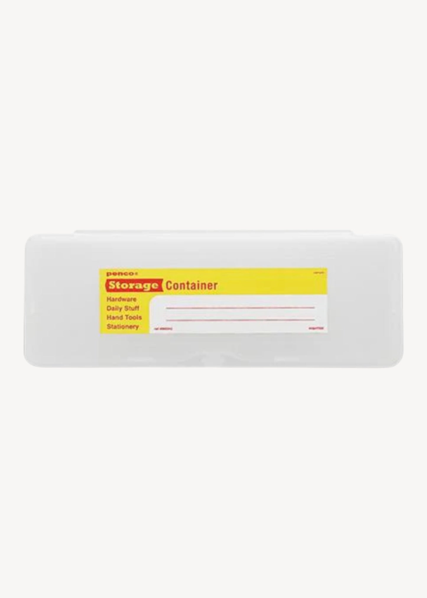 White storage container with a label on a white background