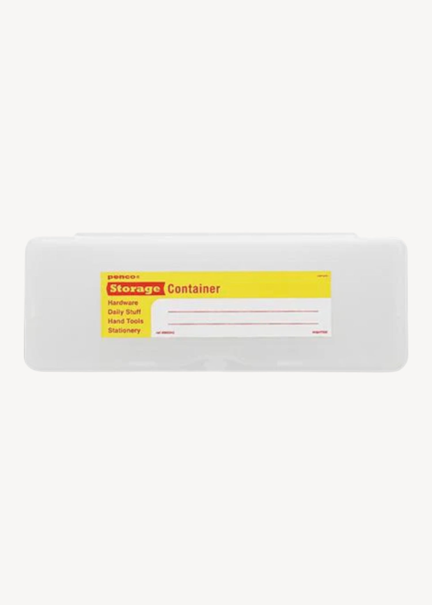 White storage container with a label on a white background