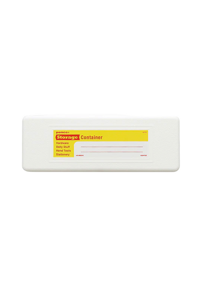 Rectangular white plastic pen case with a yellow label on a white background