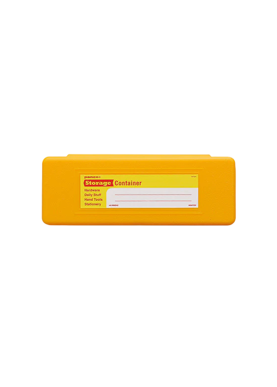 Yellow plastic pen case with a label on a white background