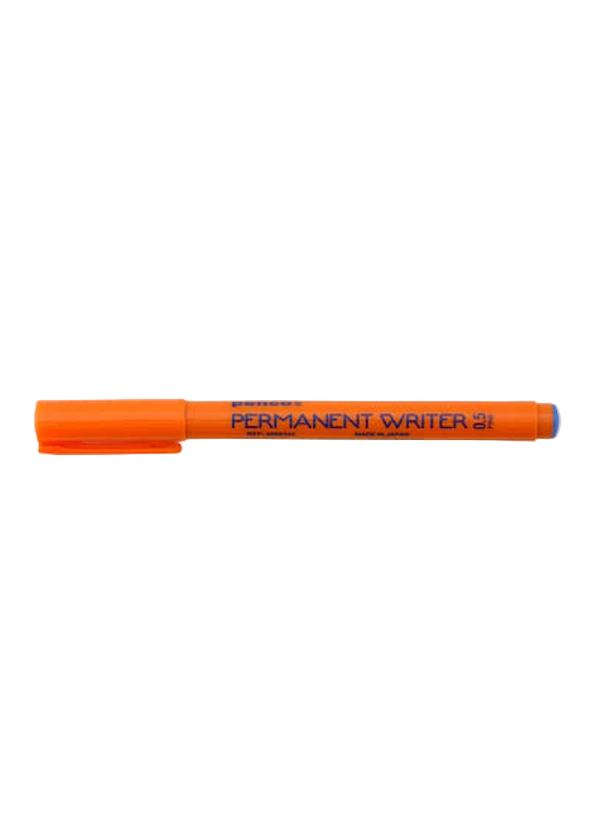 Orange permanent marker with blue ink on a white background