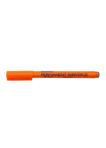 Orange permanent marker with blue ink on a white background