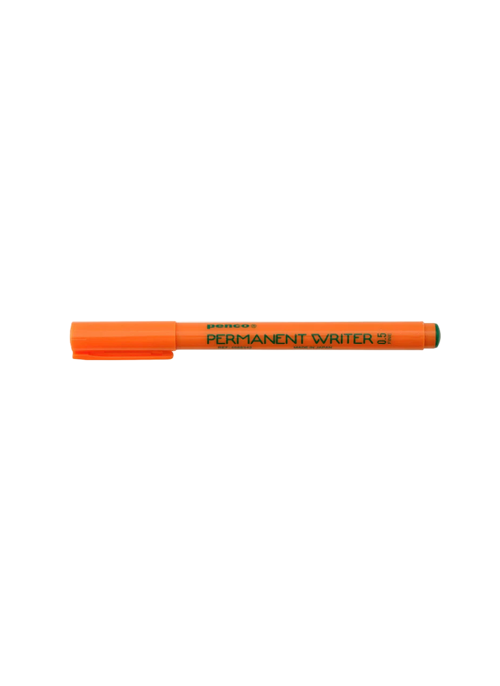 Orange permanent marker pen with green ink on a white background