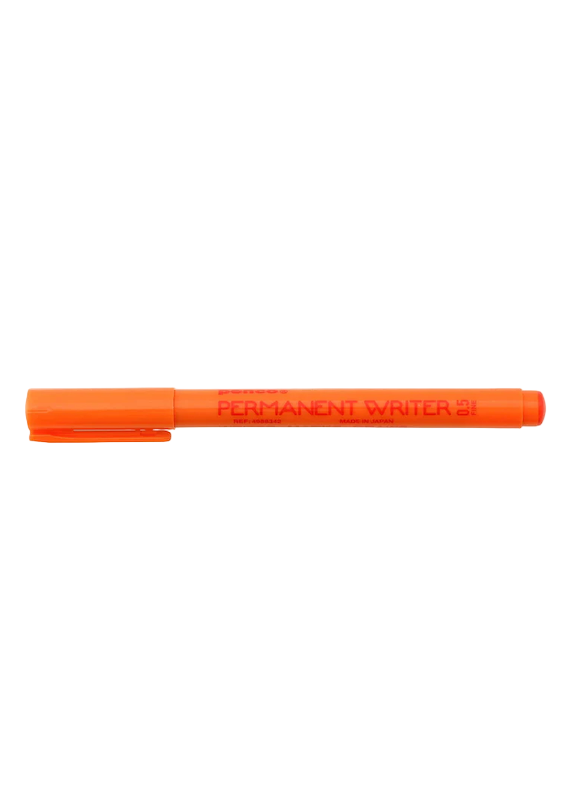 Orange marker with 'Permanent Writer' text and red ink on a white background