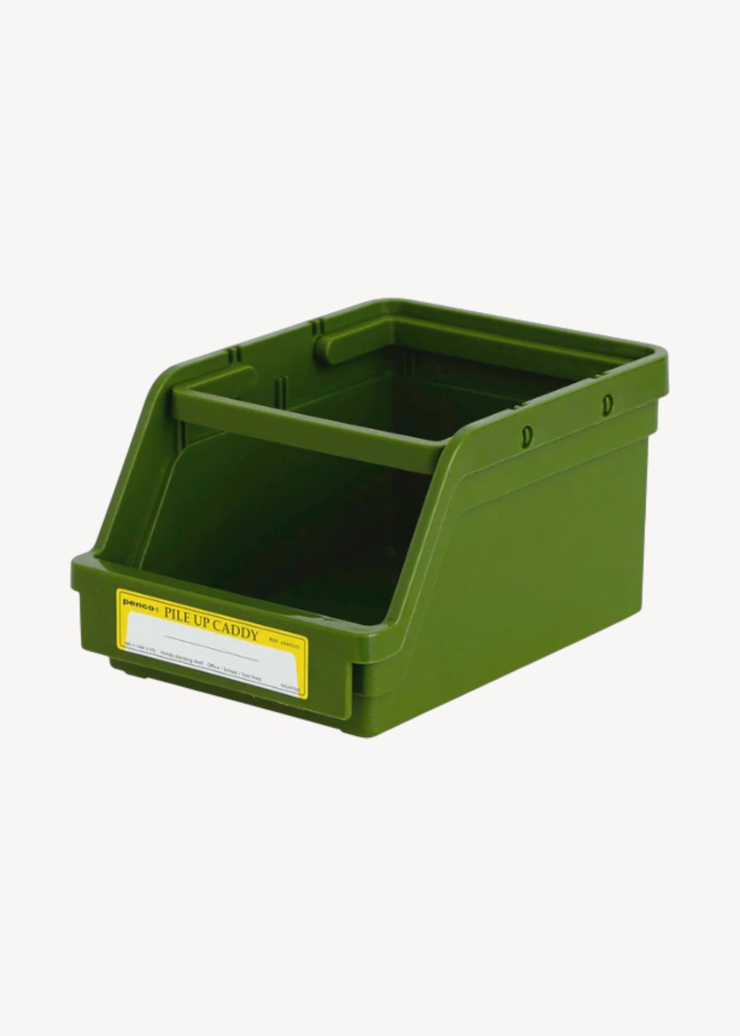 Green storage bin with a label on a white background