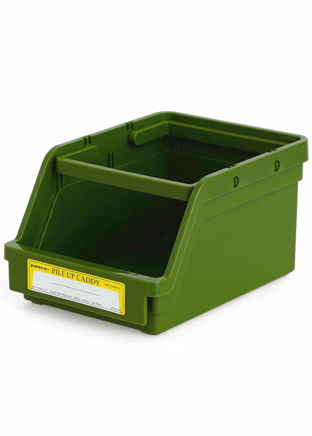 Green storage bin with a yellow label on a white background