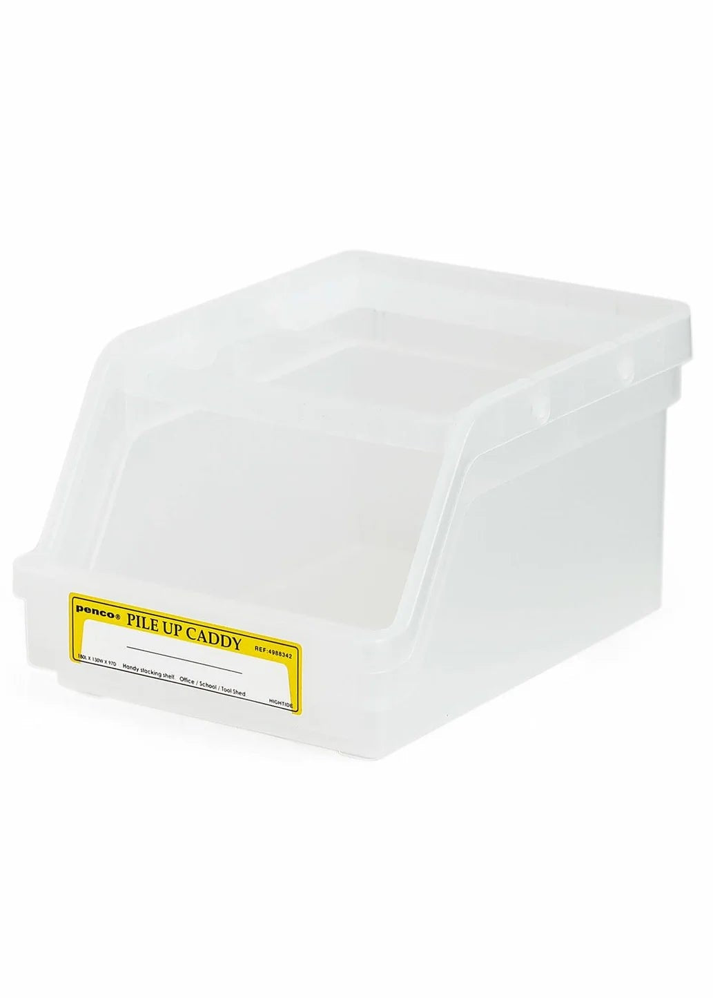 White plastic bin with a yellow label on a white background