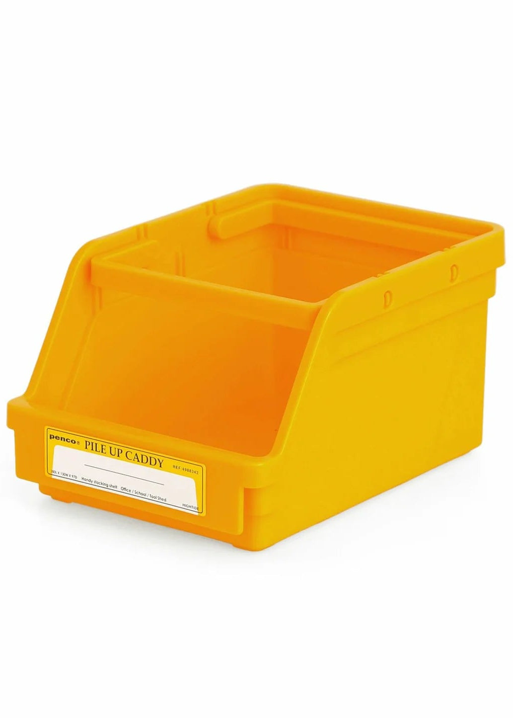 Yellow storage bin with a label on a white background