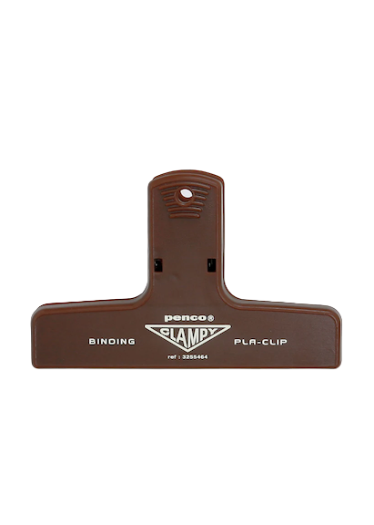 Brown plastic clip with brand name on a white background