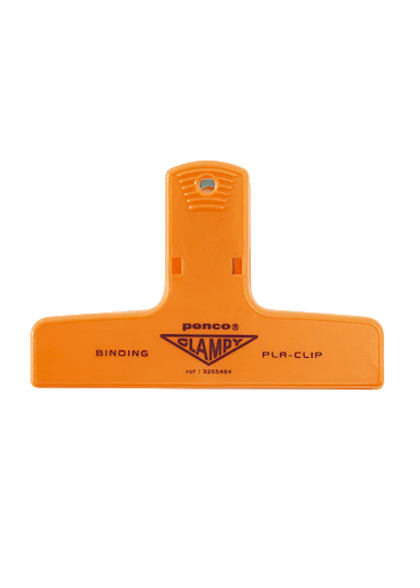 Orange clip with branding on a white background