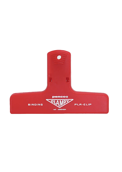 Red plastic clip with a brand logo on a white background