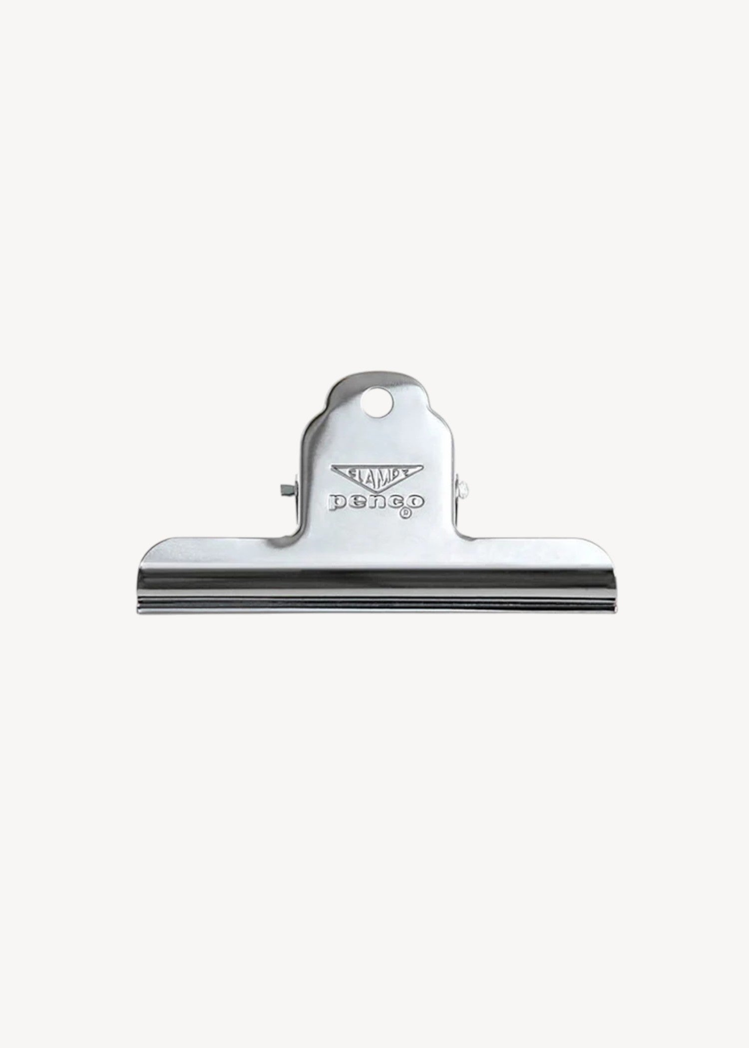 Metallic clip with a brand logo on a white background