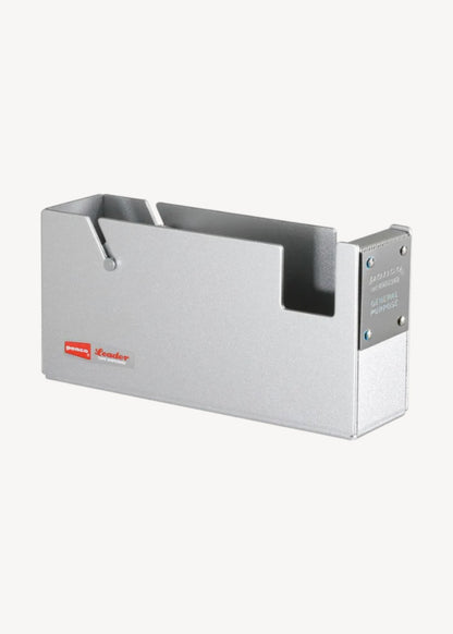 Metallic tape dispenser with a brand logo on a white background