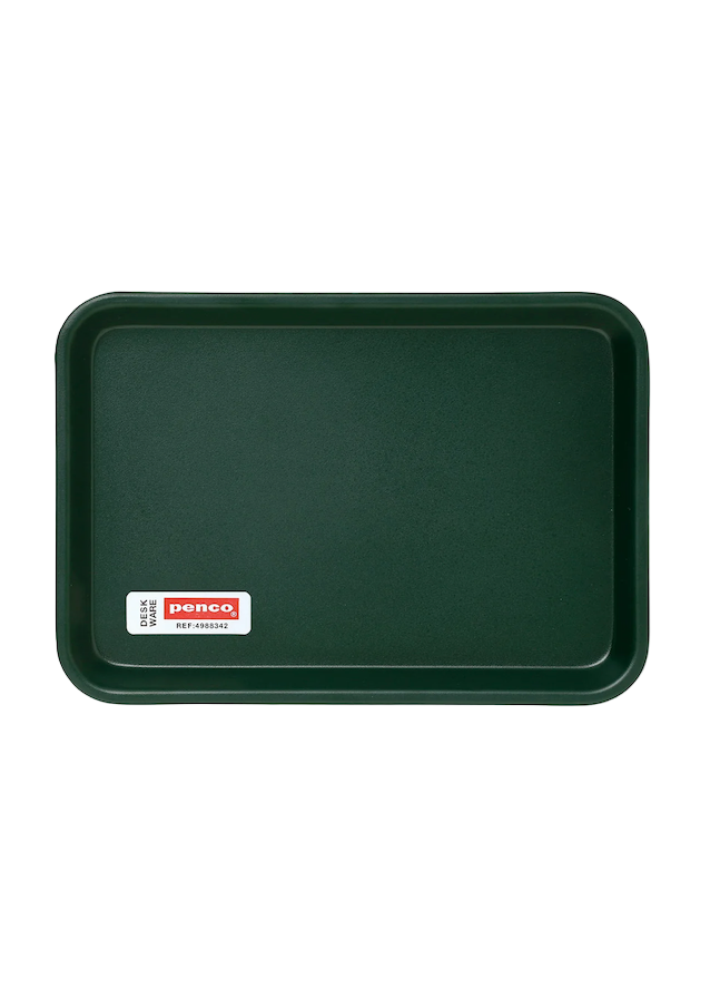 Green tray with a brand logo on a white background