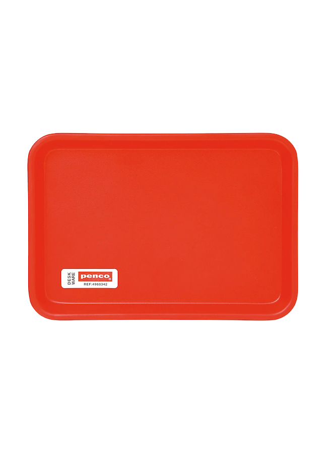 Red tray with a brand logo on a white background