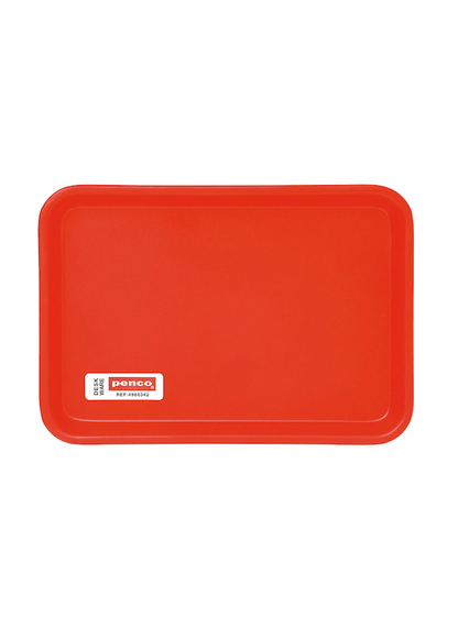 Red tray with a brand logo on a white background
