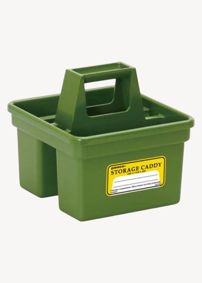 Green storage caddy with a yellow label on a white background