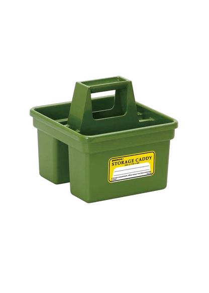 Green storage caddy with a yellow label on a white background