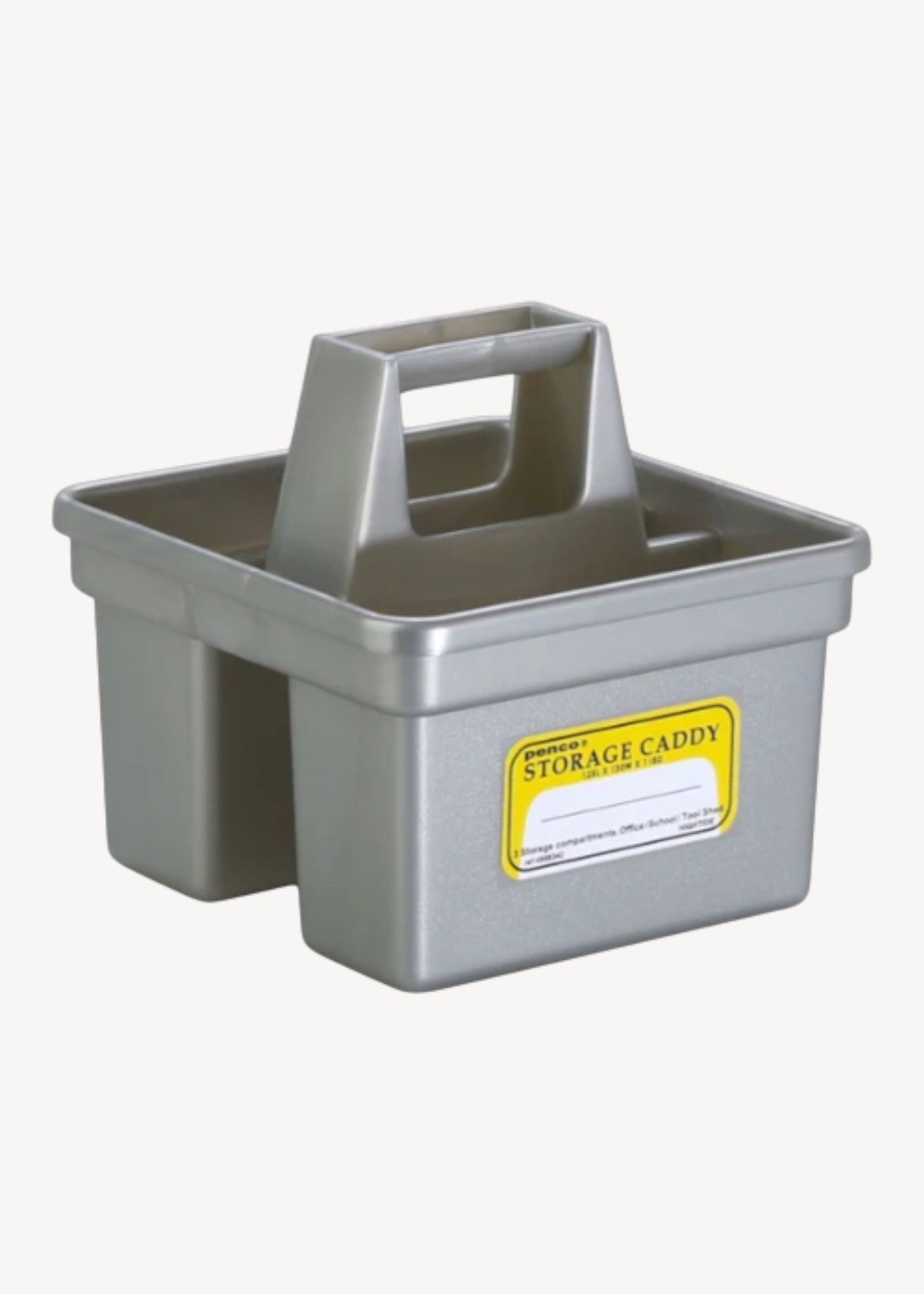 Gray storage caddy with a handle on a white background
