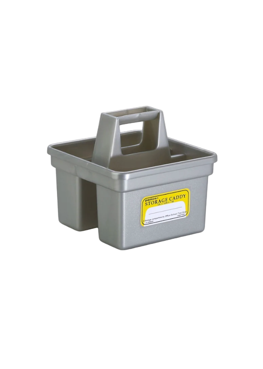 Gray storage caddy with a yellow label on a white background