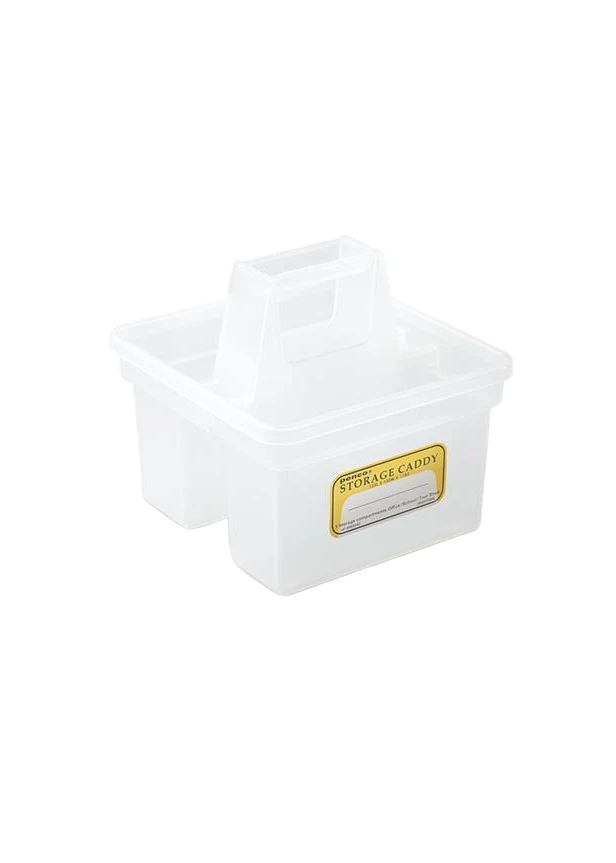 White storage caddy with a yellow label on a white background