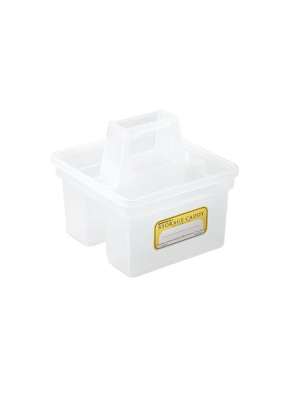 White storage caddy with a yellow label on a white background