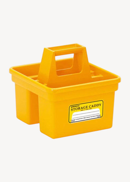 Yellow storage caddy with a handle on a white background