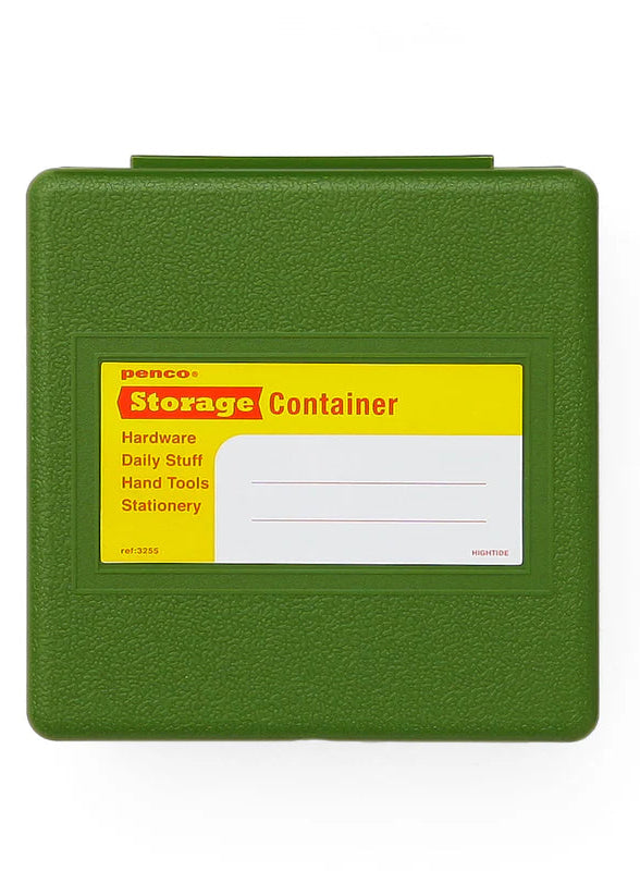 Green storage container with a yellow label on a white background