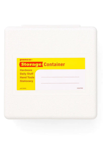 White storage container with a yellow label on a white background