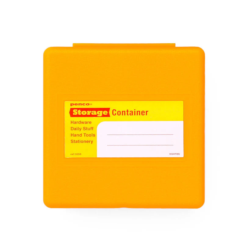 Yellow storage container with a label on a white background