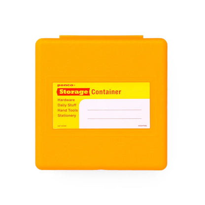 Yellow storage container with a label on a white background