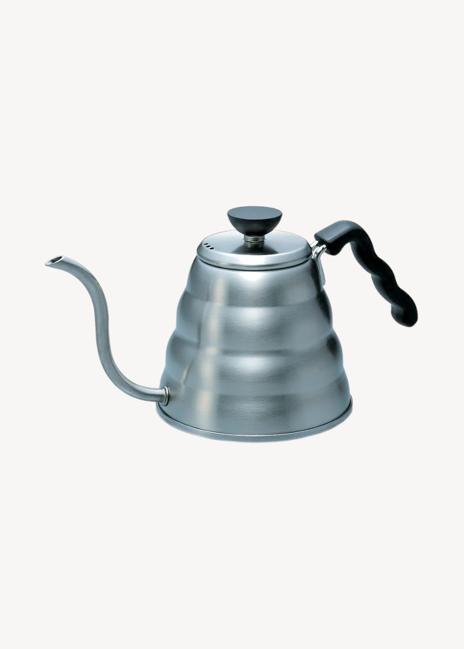 A stainless steel gooseneck kettle with a textured ribbed body, a long curved spout, and a black handle, shown against a plain off-white background.