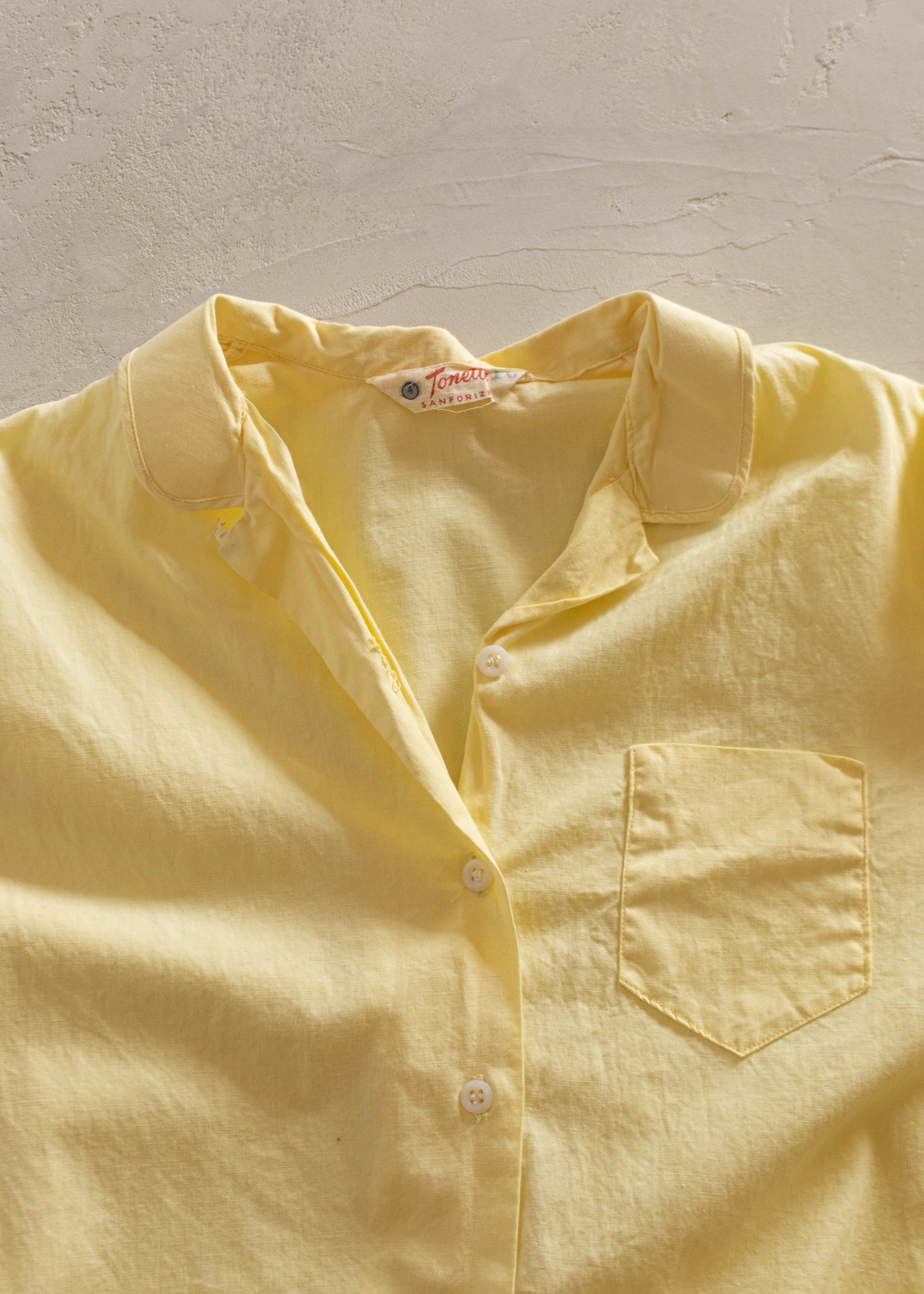1960s Tonette Solid Yellow Long Sleeve Button Up Pajama Shirt Size XS/S