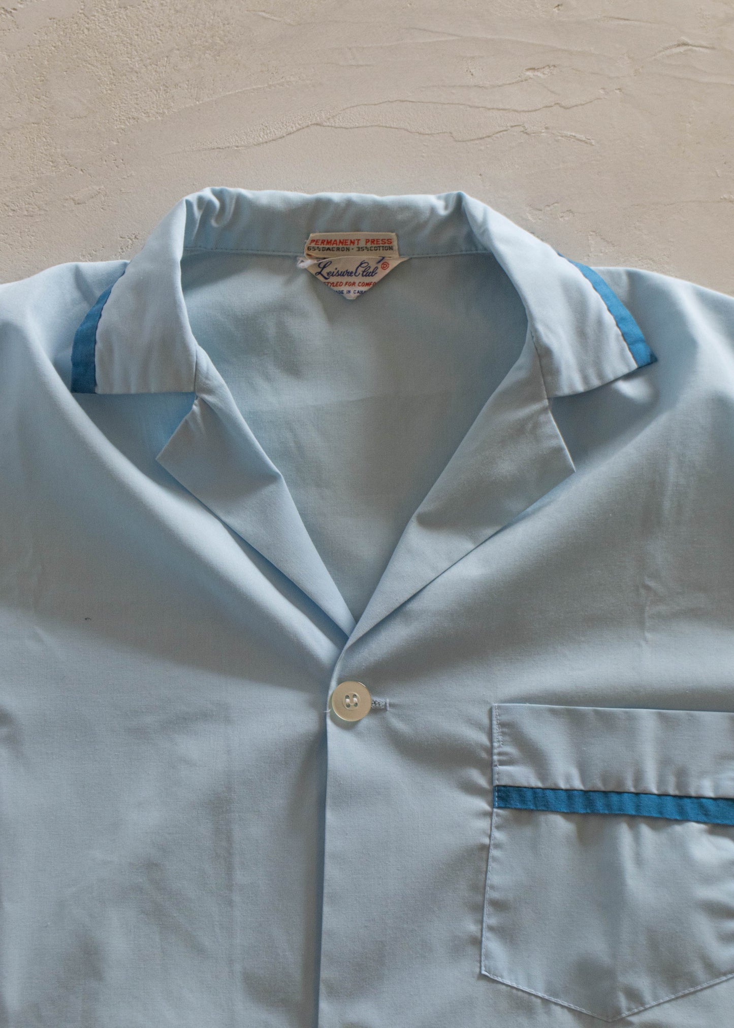 1960s Leisure Club Solid Blue Long Sleeve Button Up Pajama Shirt Size 2XL/3XL