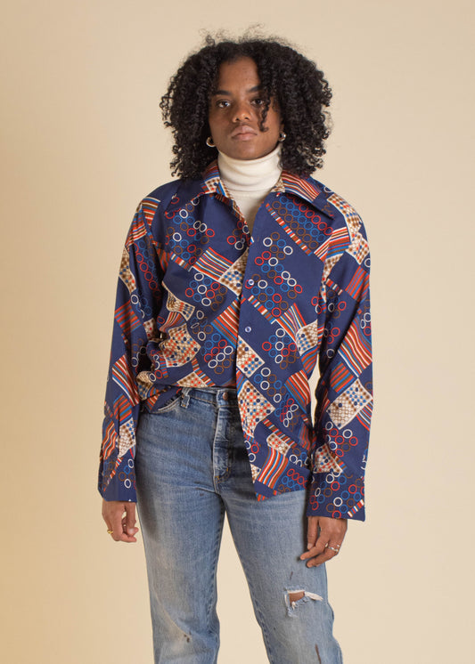 1970s JC Penney Geometric Pattern Long Sleeve Button Up Size S/M