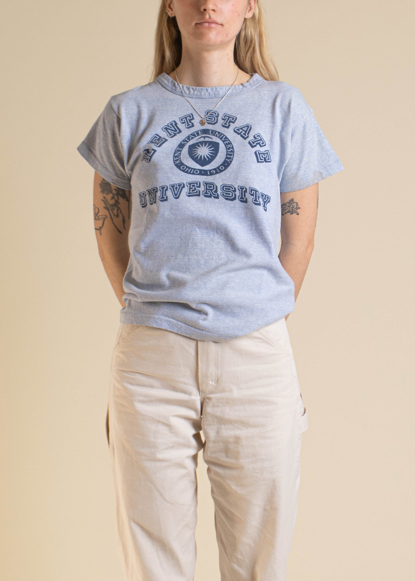 1970s Champion Blue Bar Kent State University Souvenir Ringer T-Shirt Size XS/S