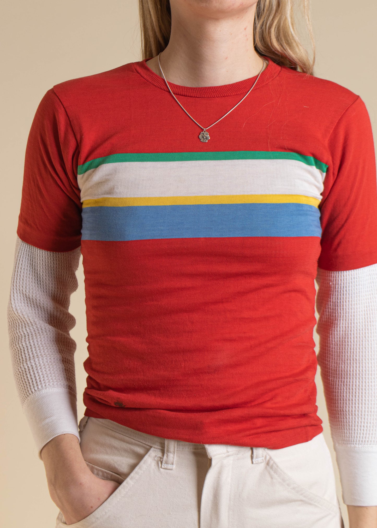 1970s Wonderknit Stripe Pattern T-Shirt Size 3XS/2XS