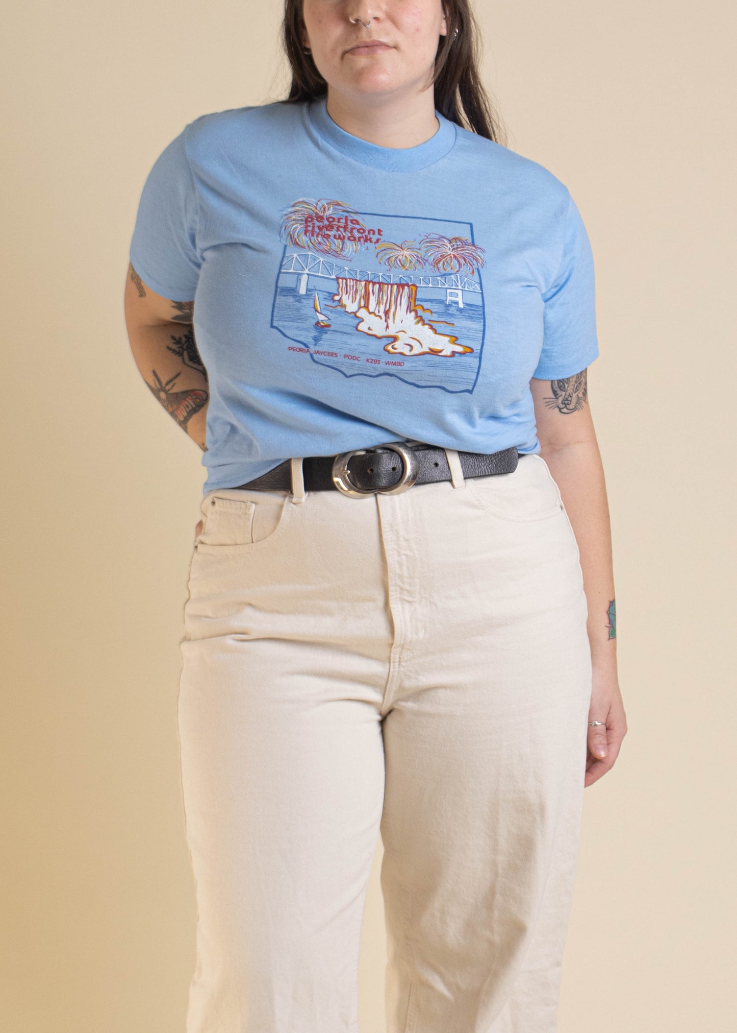 1980s Super Screen Stars Peoria Riverfront Firework Souvenir T-Shirt Size M/L
