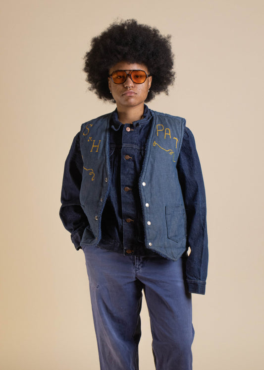 1970s Hand Painted Sherpa Lined Denim Vest Size S/M