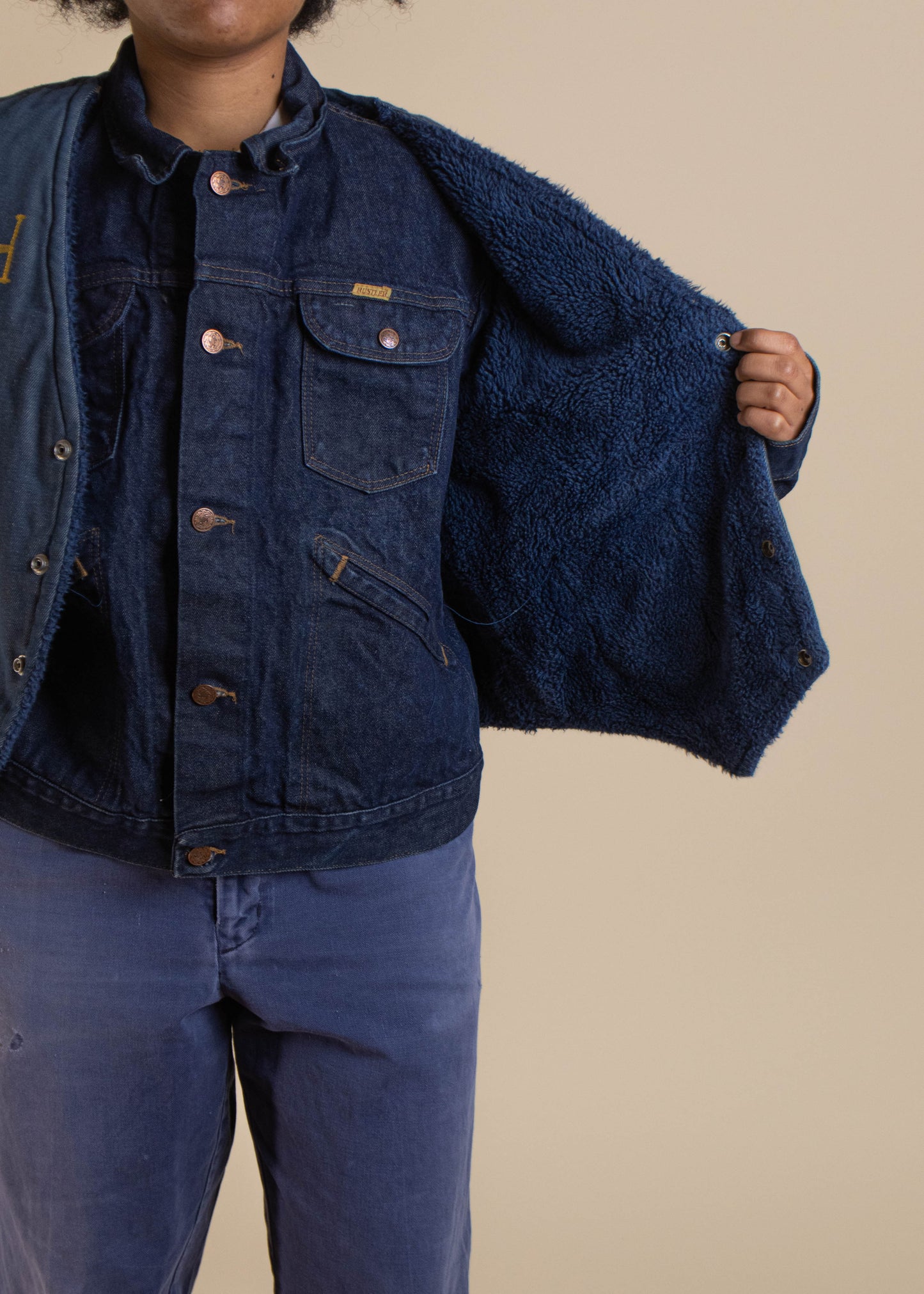 1970s Hand Painted Sherpa Lined Denim Vest Size S/M