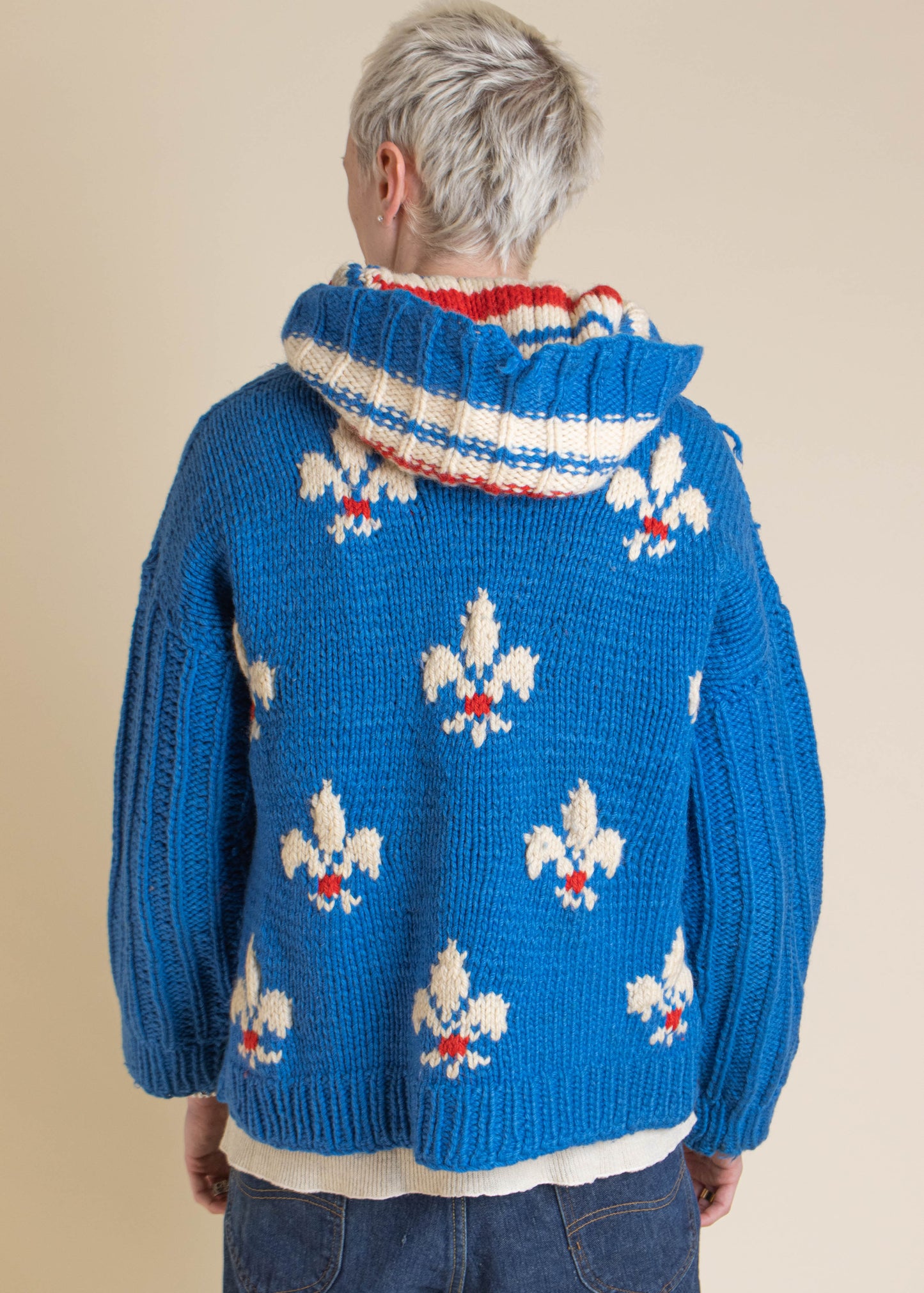 1980s Fleurs De Lys Pattern Hooded Heavy Knit Pullover Sweater Size M/L